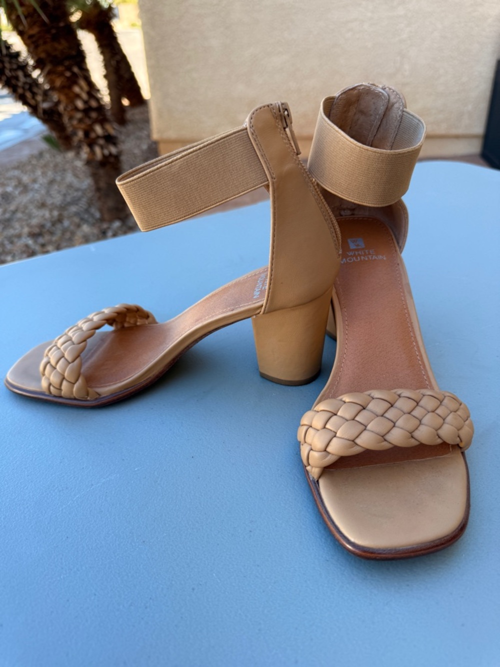 White Mountain Tan Braided Ankle-Strap Block Heels